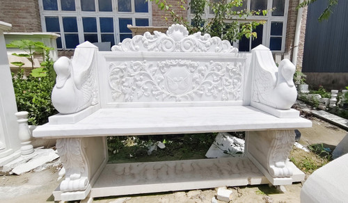 Ornate Swan White Marble Garden Bench White Marble L70.9*H50.4*W23.6"