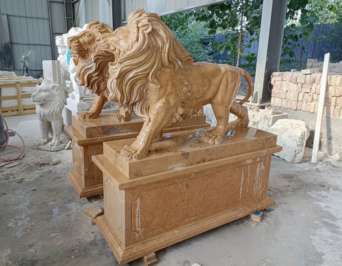 Regal Guardian Beige Marble Lion Statues on Pedestals  Set of 2 Beige Marble L17.7"*H53.1"*W50.3" Alternate View