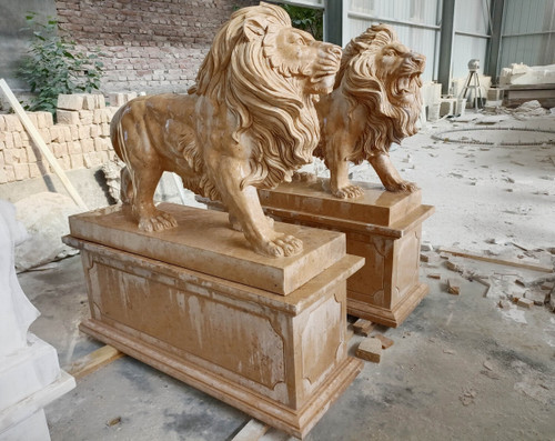 Regal Guardian Beige Marble Lion Statues on Pedestals  Set of 2 Beige Marble L17.7"*H53.1"*W50.3" side view alternate