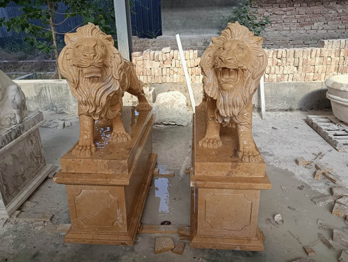 Regal Guardian Beige Marble Lion Statues on Pedestals  Set of 2 Beige Marble L17.7"*H53.1"*W50.3"