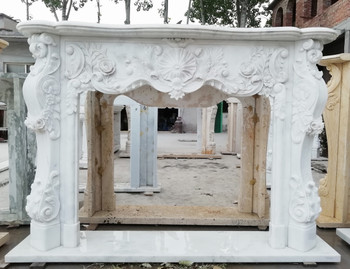 Ornate French Baroque Floral White Marble Fireplace Mantel White Marble L76.7"*H55.1"*13.8"    OPEN:L48"*H37.4"