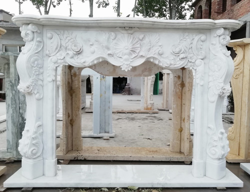 Ornate French Baroque Floral White Marble Fireplace Mantel White Marble L76.7"*H55.1"*13.8"    OPEN:L48"*H37.4"
