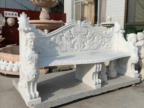 Ornate Guardian Lion White Marble Garden Bench White Marble L87"*H50.4"*W25.6" Alternate View