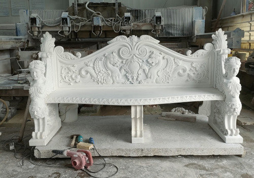 Ornate Guardian Lion White Marble Garden Bench White Marble L87"*H50.4"*W25.6"