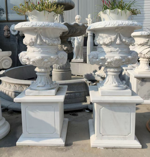 Ornate Classical White Marble Urn Planters on Pedestals  Set of 2 White Marble H47.2"*D21.6"