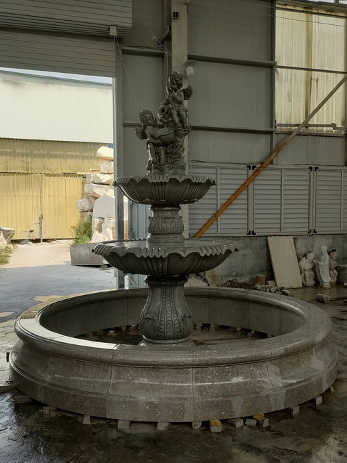 Classical Two-Tier Bluestone Garden Fountain with Cherub Finial Bluestone H118"*D134"