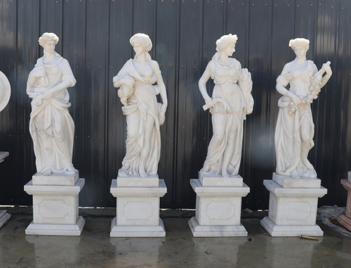 Classical Four Seasons White Marble Statues on Pedestals  Set of 4 White Marble H63"