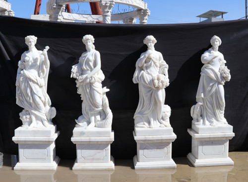 Classical Four Seasons White Marble Statues on Pedestals  Set of 4 White Marble H63"