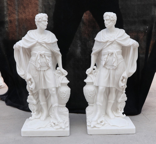 Classical Roman Noblemen White Marble Statues  Set of 2 White Marble H23.7"