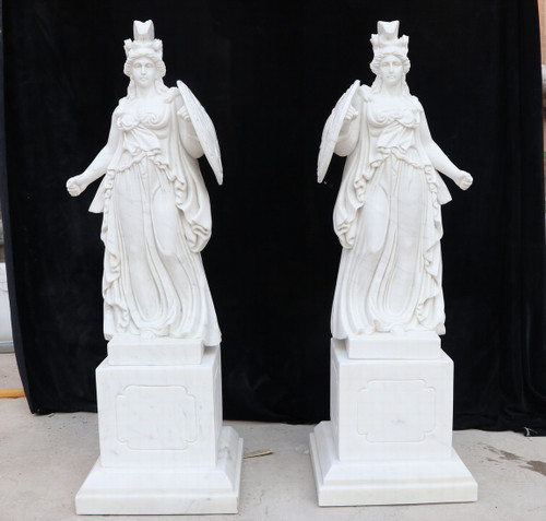 Classical Roman Warrior Goddess White Marble Statues on Pedestals  Set of 2 White Marble H33.4"