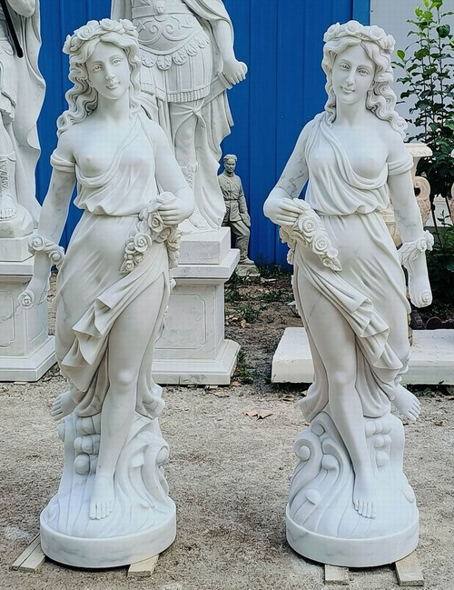 Classical Floral Maiden White Marble Garden Statues  Set of 2 White Marble H66"