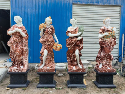 Classical Four Seasons Red Marble Statues on Black Pedestals  Set of 4 Multi Color Marble H70.9"        Stand:H19.7"