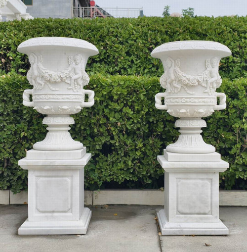 Ornate Floral White Marble Urn Planters on Pedestals  Set of 2 Carrera Marble H74.8*D35.4"
