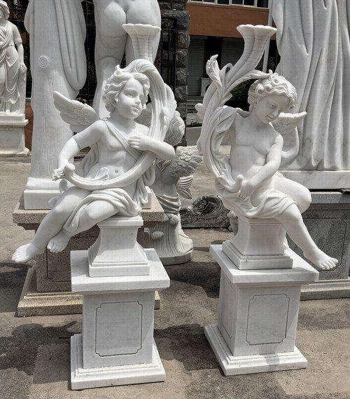 Classical Seated Angel Garden Statues  Set of 2 White Marble H61