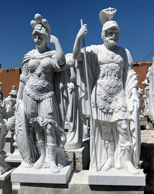 Classical Roman Warrior Statues  Set of 2 White Marble H86.6
