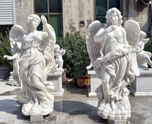 Classical Standing Angel Garden Statues  Set of 2 White Marble H72.8