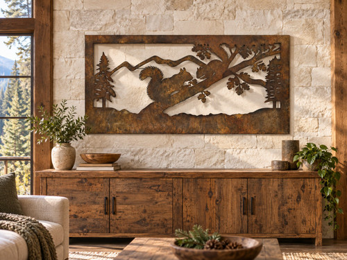 Rustic Metal Squirrels in Tree Wall Art