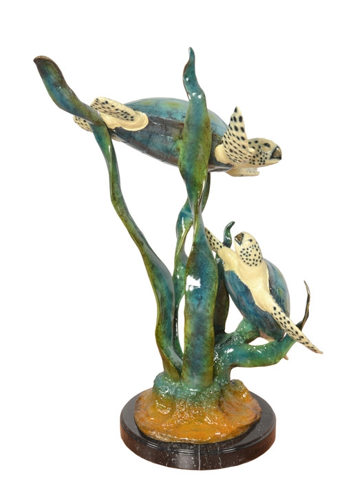 Two Turtles with Coral in Special Patina on Marble Base Close Up Image