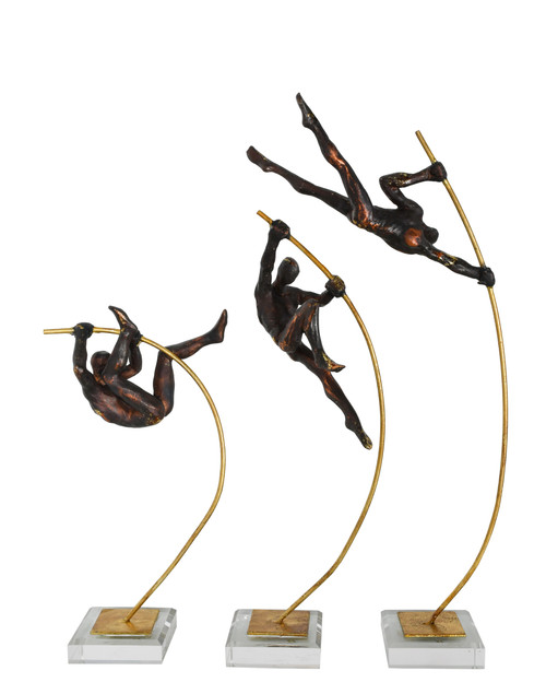 Pole Vaulters on Glass Base   Set of 3
