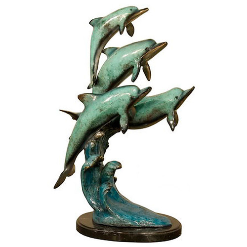 23"H Four Dolphins On Marble Base In Special Patina Bronze Statue Garden
