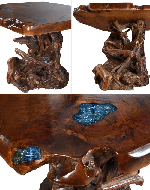 One of a Kind Teak Obsidian Bar Table Set of 5 Close Up Image