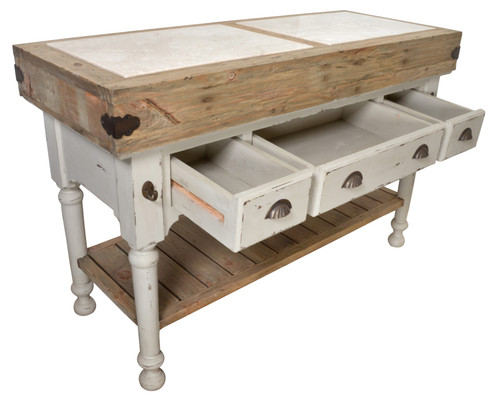 Marble Top 3 Drawer Kitchen Island In Chaulk White Close Up Image