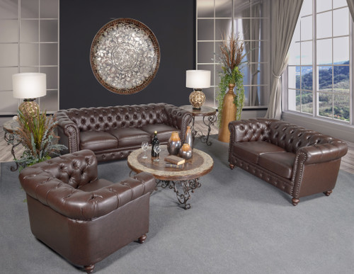 Classic Chesterfield Loveseat Brown Room Scene