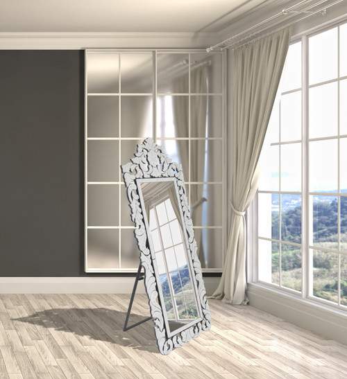 Finest Venetian Style Cheval Mirror 70.62" Tall W Stand Room Scene