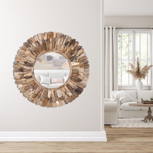 Large Round Wood Chuck Mirror 120 Cm Room Scene