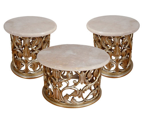 Platine Round Coffee Cocktail Table Set of 3 Hand Carved Mahogany with Creama Marfil Marble Tops Room Scene