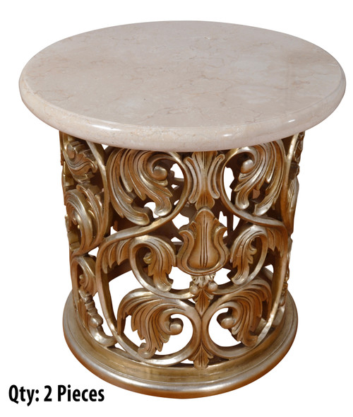 Platine Round Coffee Cocktail Table Set of 3 Hand Carved Mahogany with Creama Marfil Marble Tops Close Up Image