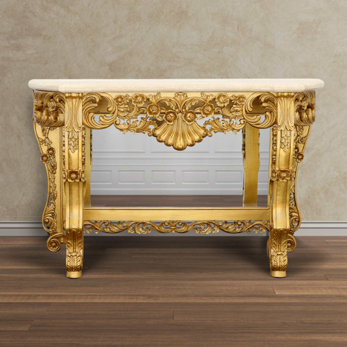 Gold Petticoat Cream Marble Top Console Table Room Scene