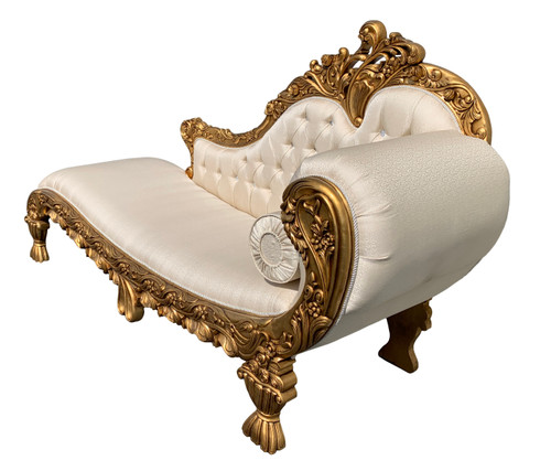 Gold Hand Carved Chaise with Cream Fabric Room Scene