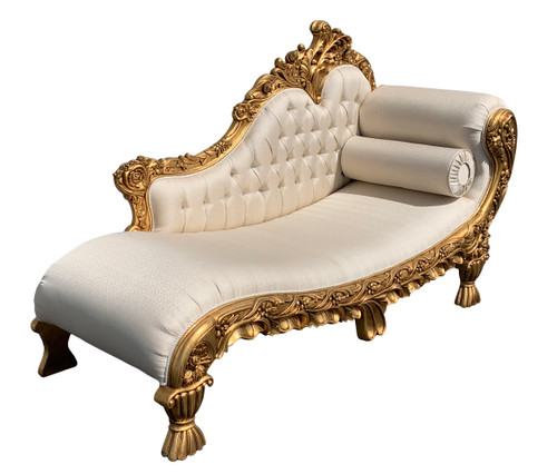 Gold Hand Carved Chaise with Cream Fabric Close Up Image
