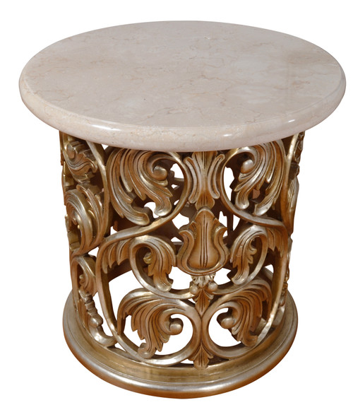 Platine Hand Carved Round Side Table w Creama Marfil Marble 24 Inches Tall Room Scene