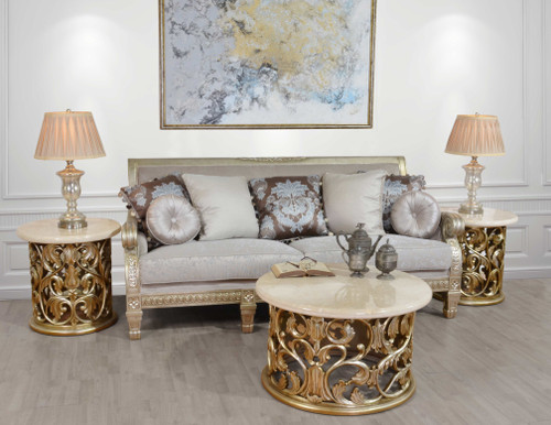 Platine Hand Carved Round Side Table w Creama Marfil Marble 24 Inches Tall Close Up Image