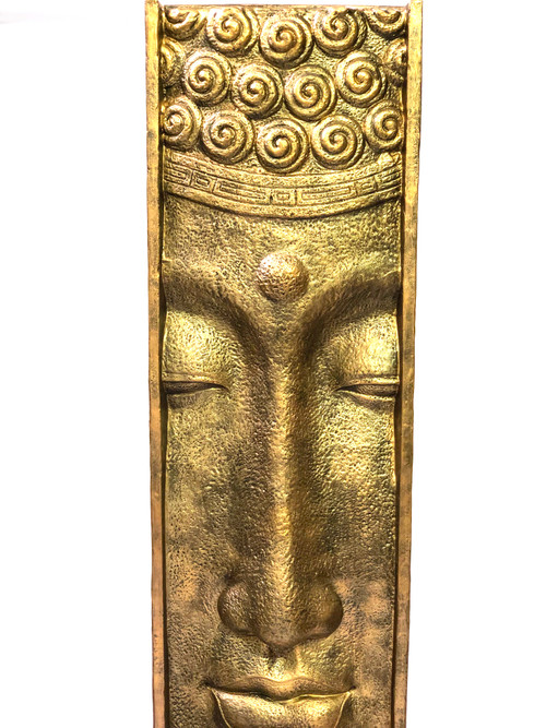 Long Face Buddha Fountain With Pump Glossy Gold Black Close Up Image