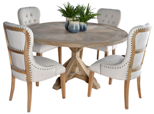 Inverness Farmhouse Reclaimed Pine 60 Inch Round Table Dining Set 5 Room Scene