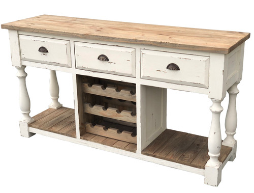 Farmhouse Console Wine Rack White Chalk Finish and Natural Top