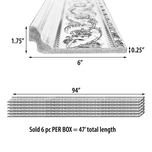 One box comes with 6 pieces of molding measuring 94"L x 1.75"D x 6"H each.  47 Feet Total Length per Box