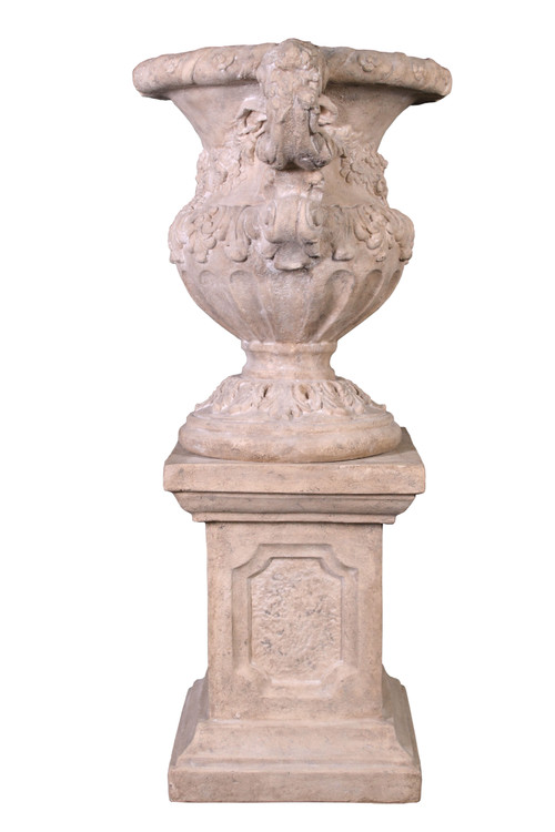 Floral Scrolled Urn on Base Stone Cast Close Up Image