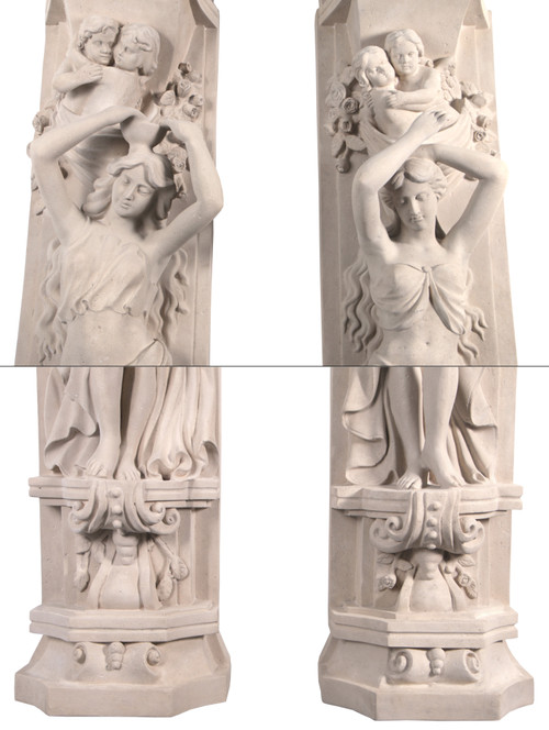 Pair Roman Girl Pilasters Stone Cast Close Up Image