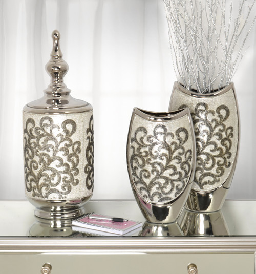 Silver Black Crystal Scroll Vases Set of 2 Room Scene