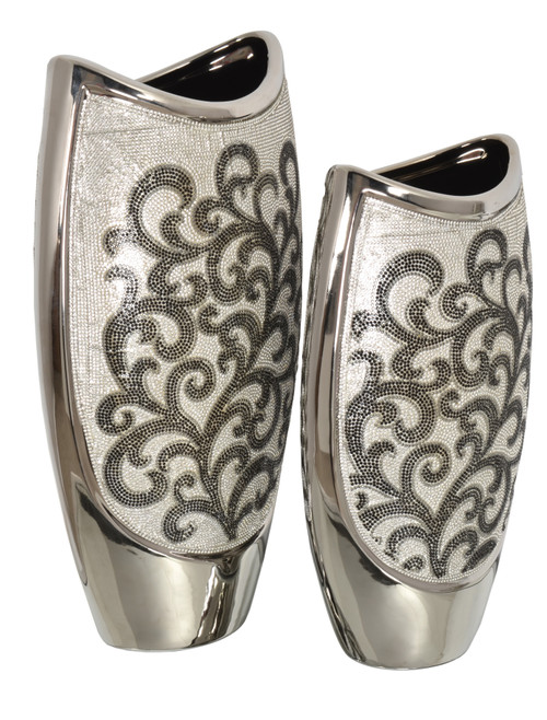 Silver Black Crystal Scroll Vases Set of 2 Close Up Image
