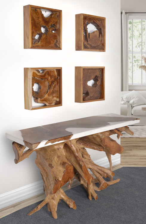 Artistic 60 Inch Floating Teak Root Console in White Epoxy Resin Room Scene
