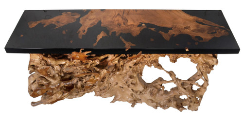 Artistic 60 Inch Floating Teak Root Console in Black Epoxy Resin Close Up Image