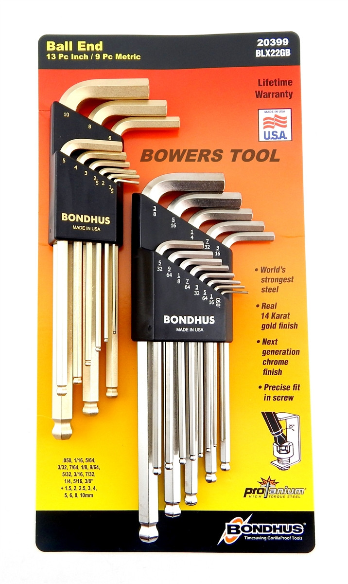 Bondhus 22pc GoldGuard BrightGuard Ball End Hex L Wrench Set Metric SAE