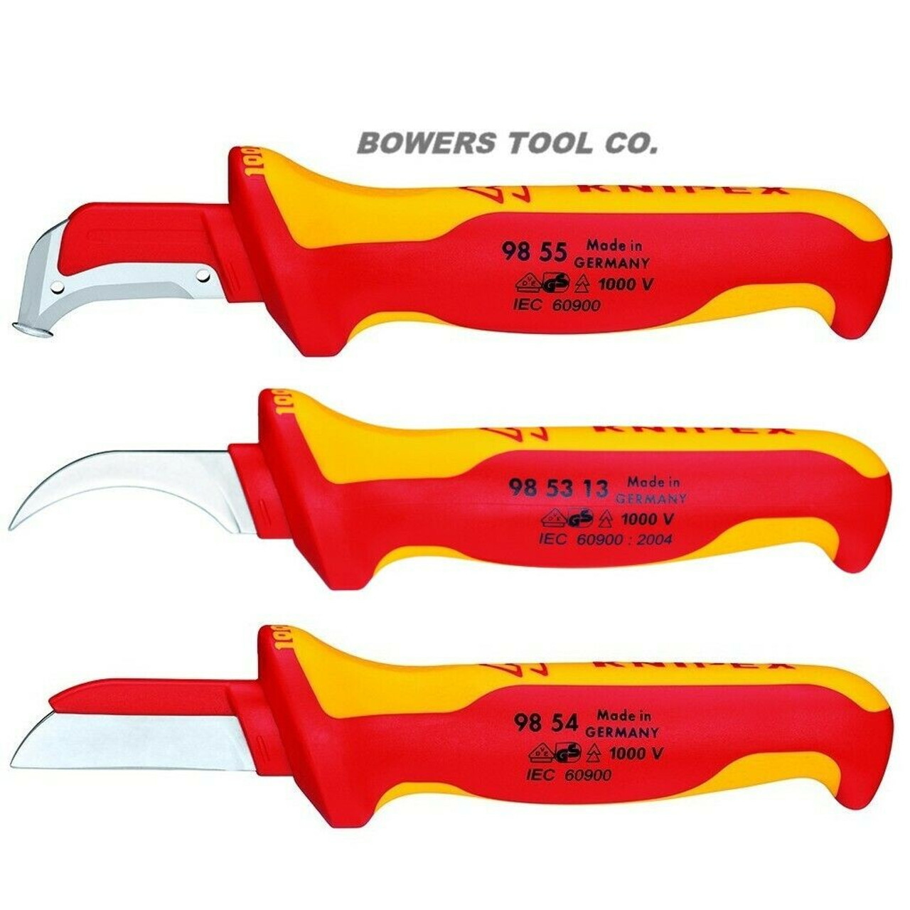 Knipex 3pc Cable Dismantling Knife Set Surgical Steel Shoe Hook Straight 1000V Bowers Tool Co.