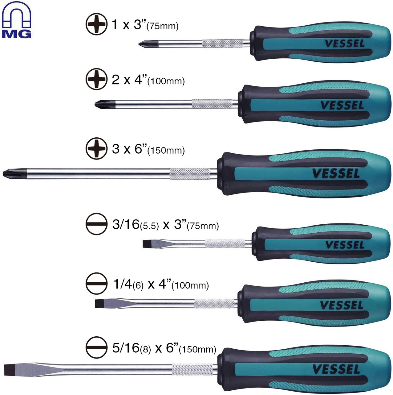 Vessel 6pc Non-Slip Screwdriver Set Phillips Slotted Flat Megadora