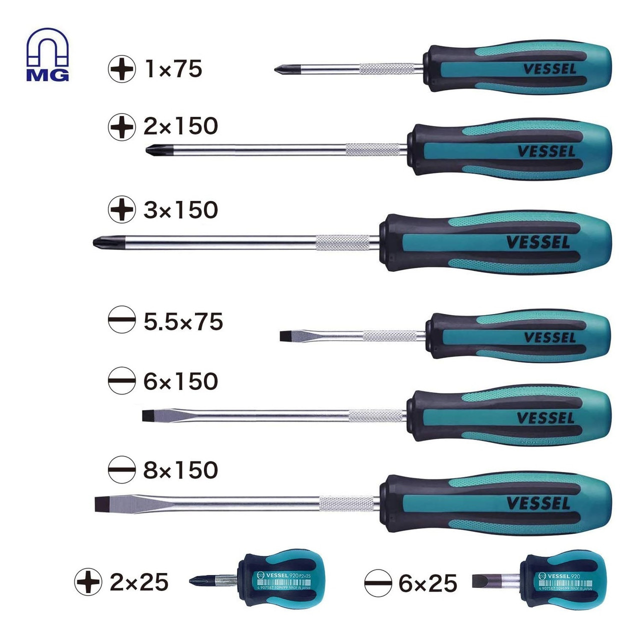 Vessel 8pc Non-Slip Screwdriver Set Phillips Slotted Flat Megadora